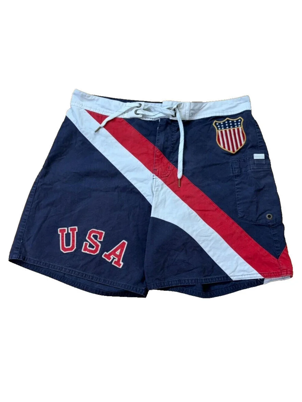 Polo Ralph Lauren USA Board Shorts Mens 34 Y2K Navy & Red Flag Embroidered